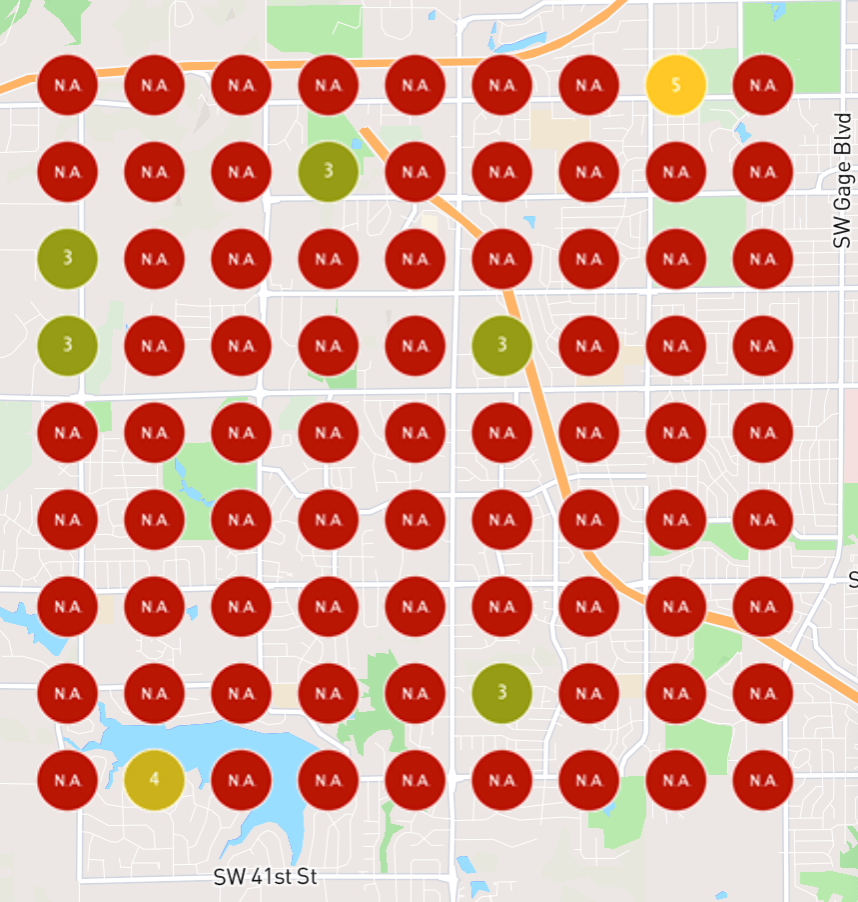 Baseline local-ranking grid for Kingdom Builders across Topeka before the campaign