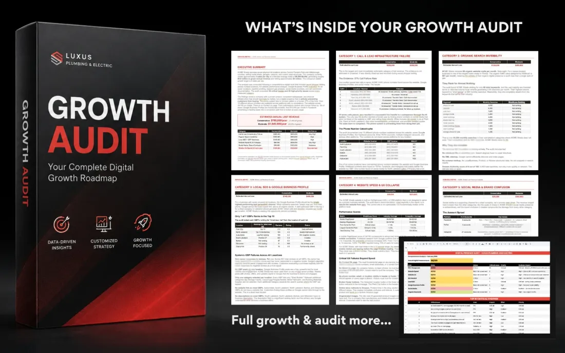 ServiceLine Pro Growth Audit deliverable, branded report box and sample audit pages from a real client engagement