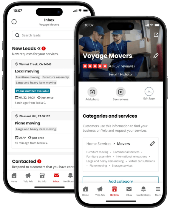 A service business's Yelp leads inbox and Yelp business profile shown on two phones